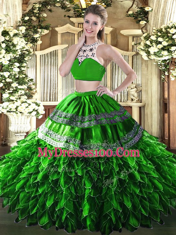 Affordable Green Two Pieces Beading and Ruffles Quince Ball Gowns Backless Tulle Sleeveless Floor Length