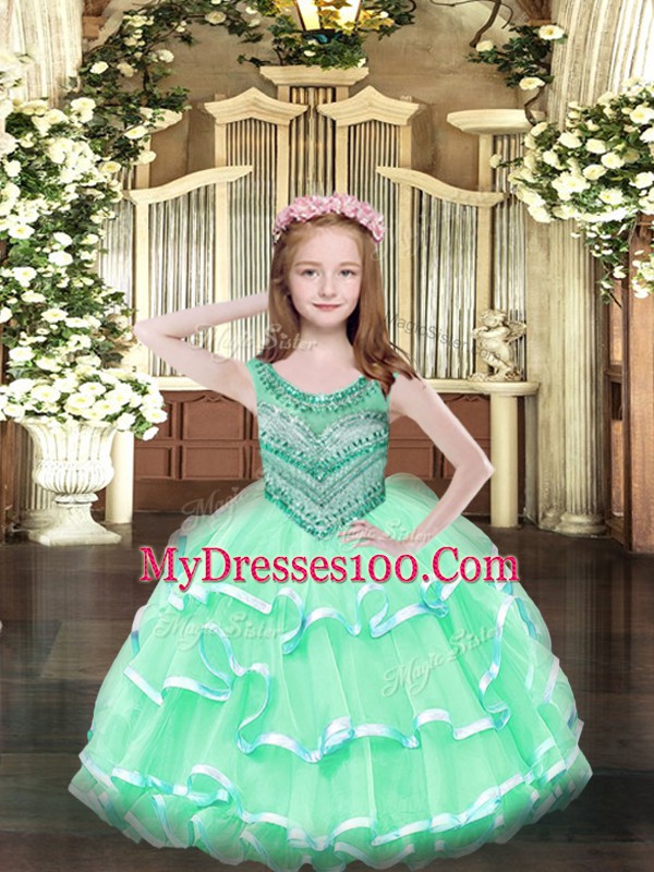 Beading and Ruffled Layers Little Girl Pageant Gowns Apple Green Lace Up Sleeveless Floor Length