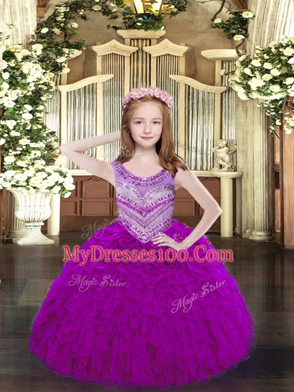 Fuchsia Lace Up Scoop Beading and Ruffles Little Girl Pageant Dress Organza Sleeveless