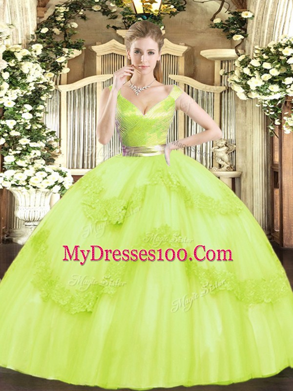 Sleeveless Floor Length Beading and Appliques Zipper Sweet 16 Quinceanera Dress with Yellow Green