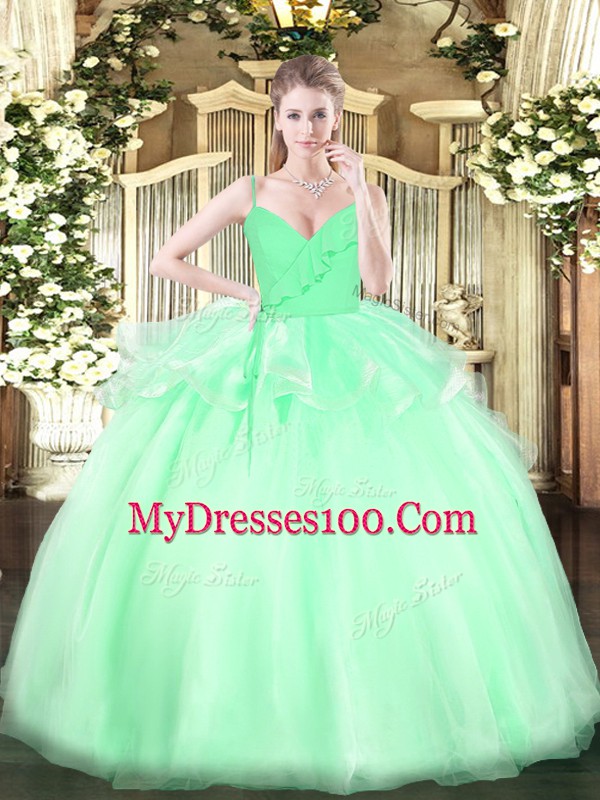 Smart Apple Green Ball Gowns Spaghetti Straps Sleeveless Organza Floor Length Zipper Ruffles Ball Gown Prom Dress