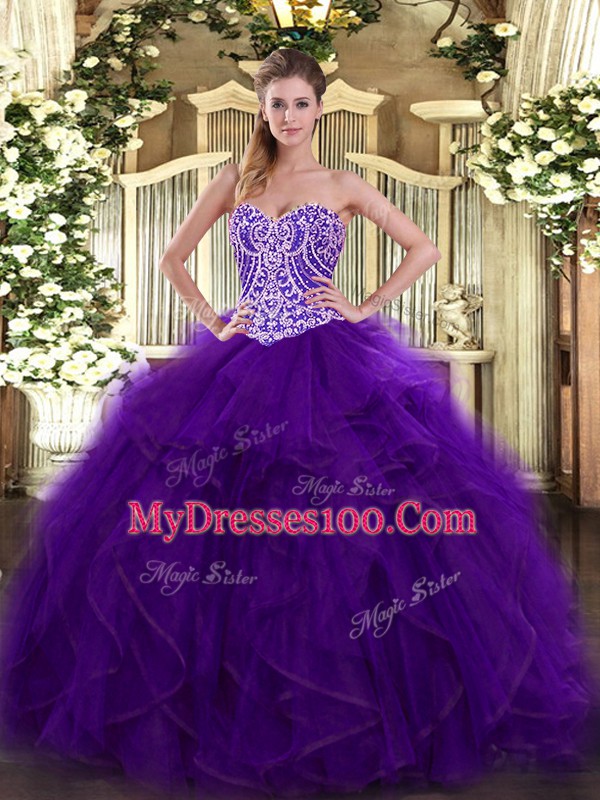 Purple Ball Gowns Sweetheart Sleeveless Organza Floor Length Lace Up Beading and Ruffles Quince Ball Gowns