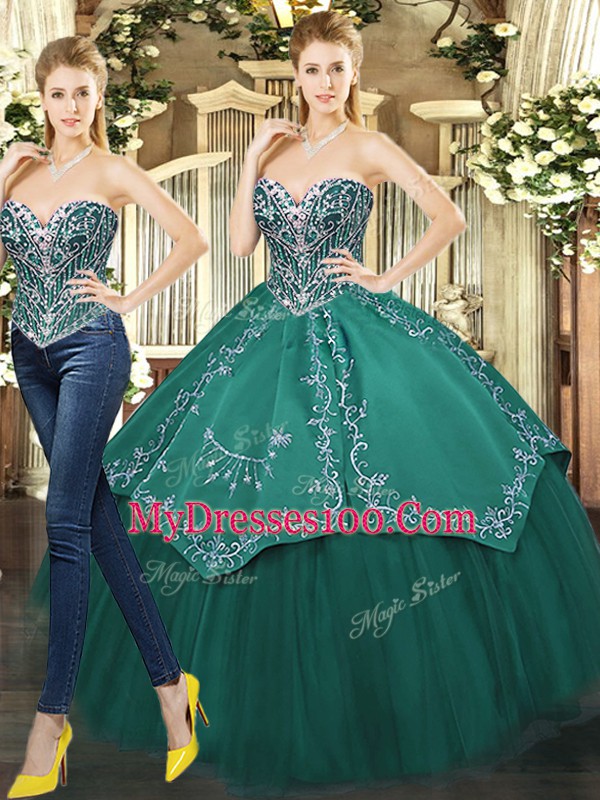 Colorful Tulle Sweetheart Sleeveless Lace Up Beading and Appliques 15 Quinceanera Dress in Dark Green