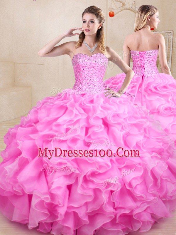 Cute Sweetheart Sleeveless Lace Up Vestidos de Quinceanera Rose Pink Organza