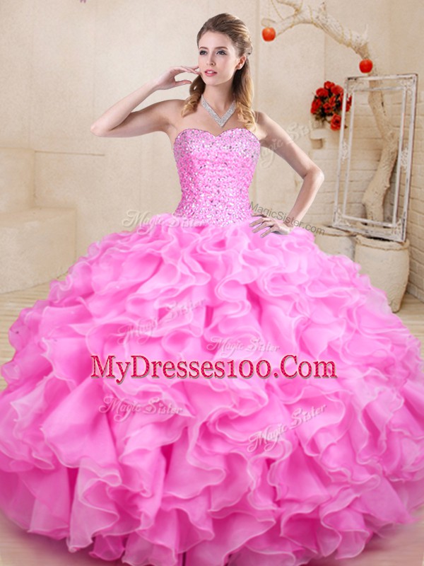 Cute Sweetheart Sleeveless Lace Up Vestidos de Quinceanera Rose Pink Organza