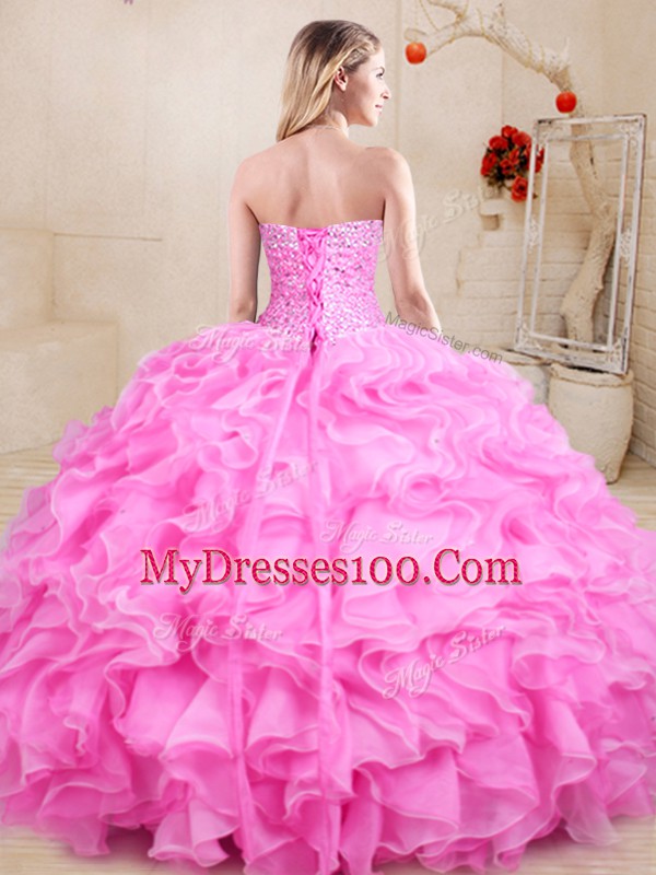 Cute Sweetheart Sleeveless Lace Up Vestidos de Quinceanera Rose Pink Organza