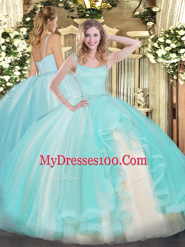 Floor Length Ball Gowns Sleeveless Aqua Blue 15 Quinceanera Dress Zipper