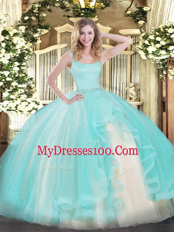 Floor Length Ball Gowns Sleeveless Aqua Blue 15 Quinceanera Dress Zipper