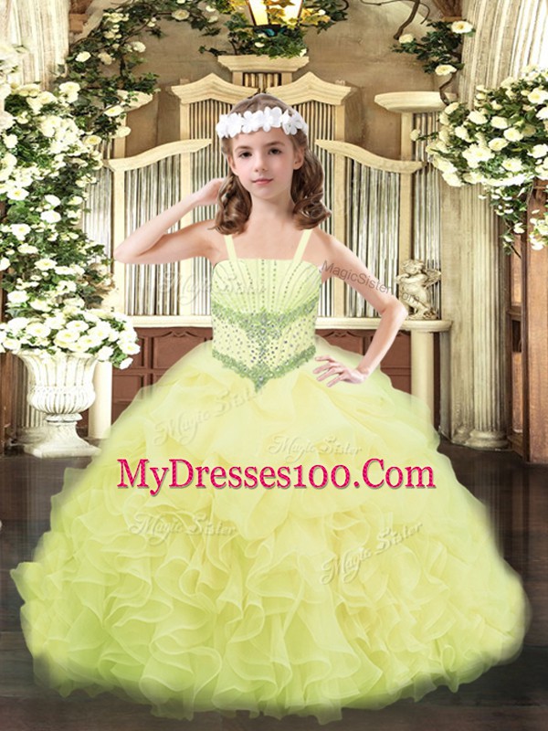 Straps Sleeveless Lace Up Kids Pageant Dress Yellow Organza