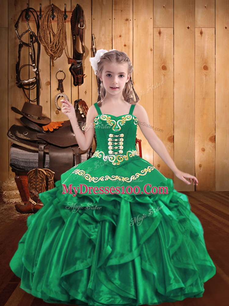 Fantastic Turquoise Organza Lace Up Pageant Dress Wholesale Sleeveless Floor Length Embroidery and Ruffles