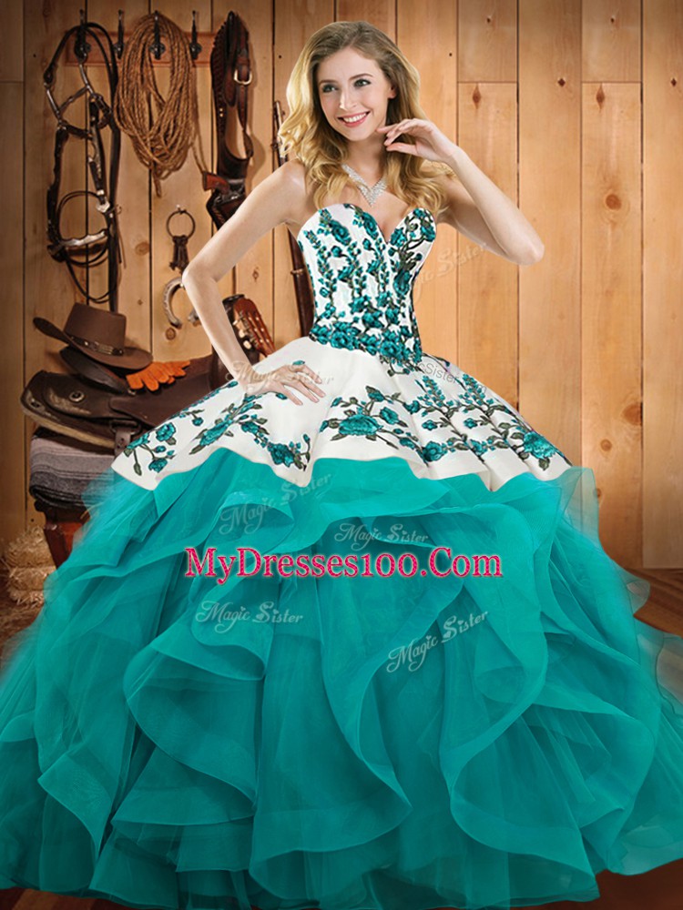 Deluxe Teal Lace Up Sweetheart Embroidery and Ruffles Quinceanera Dresses Satin and Organza Sleeveless