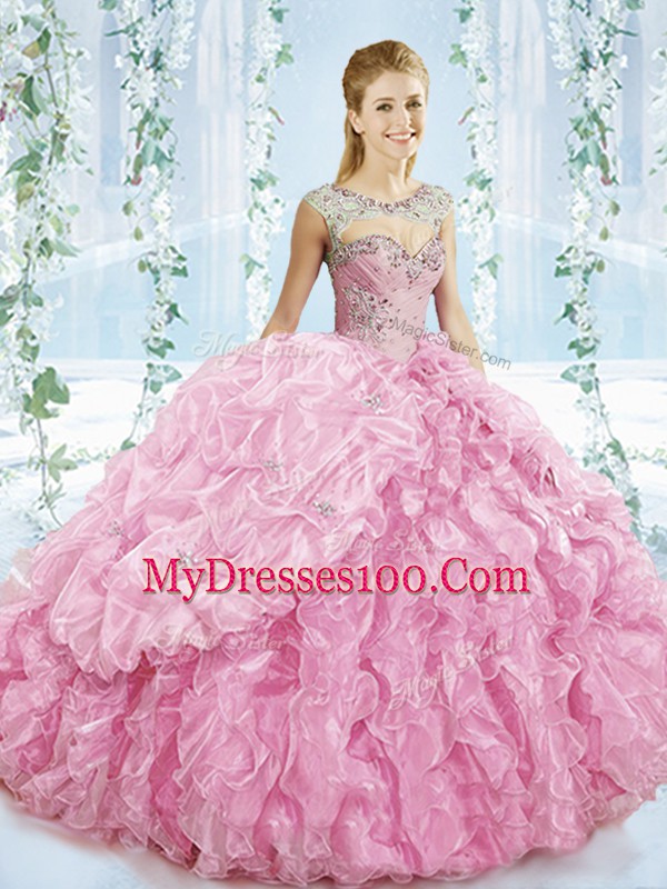 Pretty Baby Pink Organza Lace Up Sweet 16 Dress Sleeveless Brush Train Beading and Ruffles