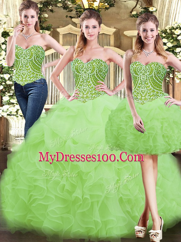 Floor Length Lace Up 15 Quinceanera Dress Yellow Green for Military Ball and Sweet 16 and Quinceanera with Beading and Ruffles