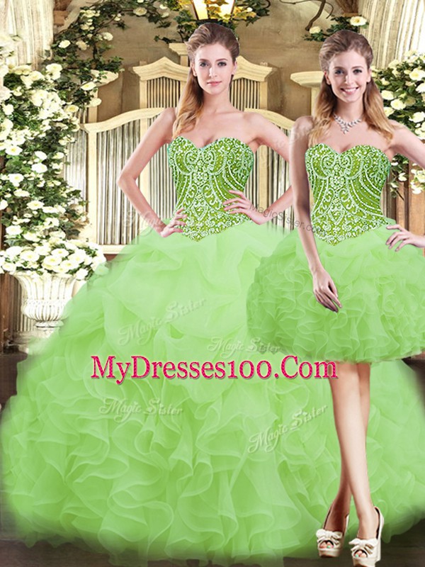 Floor Length Lace Up 15 Quinceanera Dress Yellow Green for Military Ball and Sweet 16 and Quinceanera with Beading and Ruffles