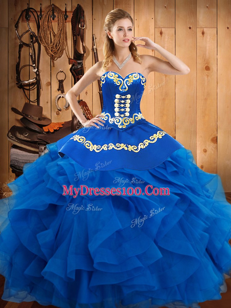 Floor Length Blue 15 Quinceanera Dress Sweetheart Sleeveless Lace Up