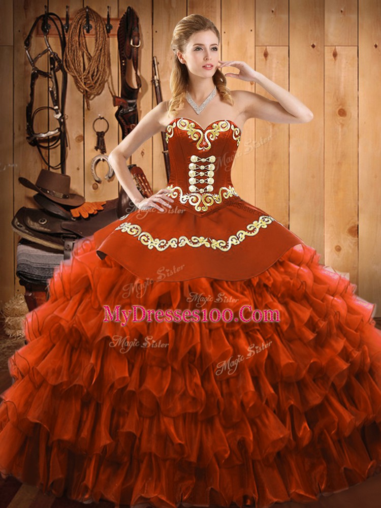 Sweetheart Sleeveless Satin and Organza Sweet 16 Quinceanera Dress Embroidery and Ruffled Layers Lace Up