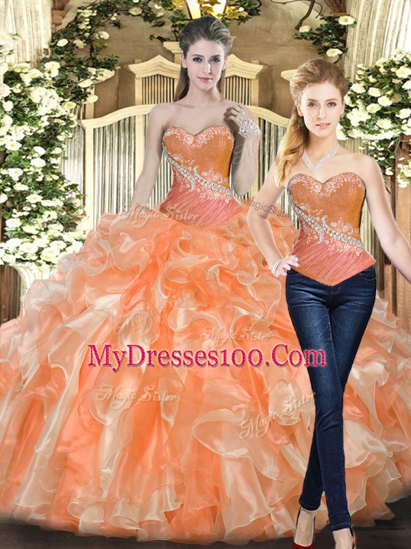 Sweet Orange Red Ball Gowns Beading and Ruffles Sweet 16 Dress Lace Up Tulle Sleeveless Floor Length