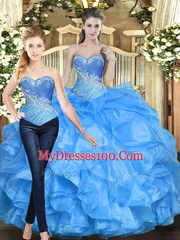 Baby Blue Sleeveless Beading and Ruffles Floor Length Quinceanera Gown