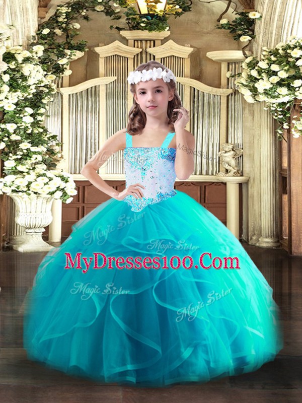 Tulle Straps Sleeveless Lace Up Beading and Ruffles Little Girl Pageant Gowns in Aqua Blue