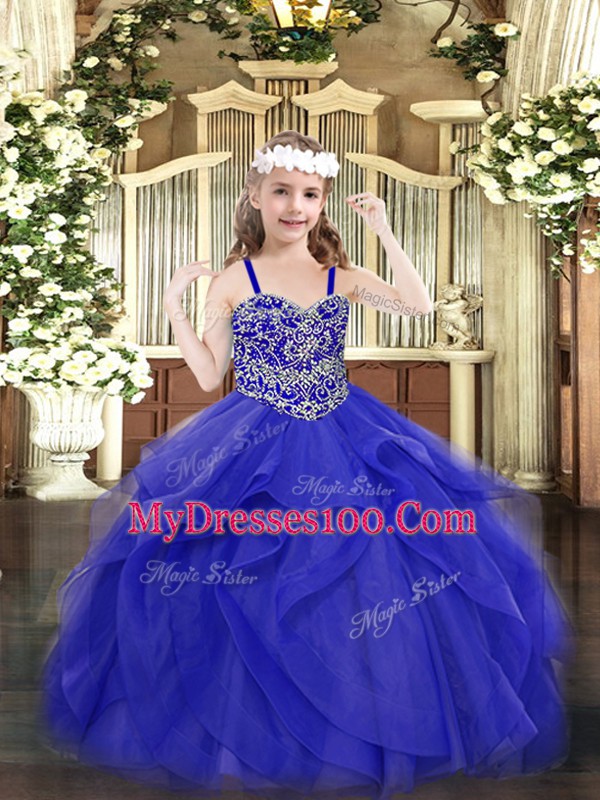 Fashionable Sleeveless Floor Length Beading and Ruffles Lace Up Kids Pageant Dress with Blue