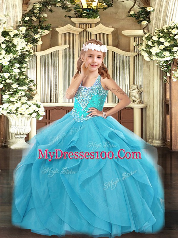 New Arrival Aqua Blue Ball Gowns Straps Sleeveless Tulle Floor Length Lace Up Beading and Ruffles Little Girl Pageant Gowns