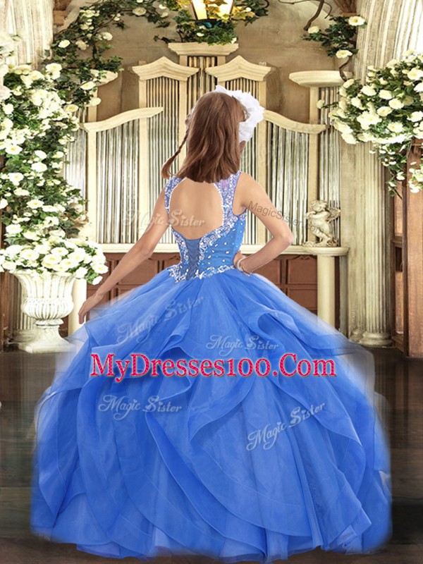 New Arrival Aqua Blue Ball Gowns Straps Sleeveless Tulle Floor Length Lace Up Beading and Ruffles Little Girl Pageant Gowns