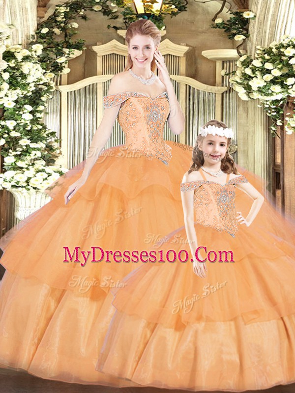 Fantastic Floor Length Ball Gowns Sleeveless Orange Red Quince Ball Gowns Lace Up