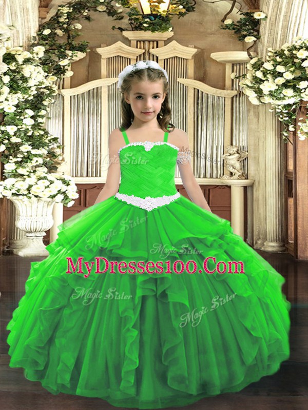 Floor Length Ball Gowns Sleeveless Green Little Girls Pageant Dress Lace Up