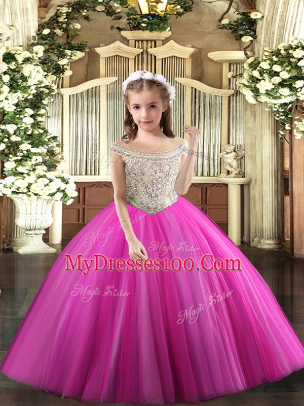 Custom Made Ball Gowns Little Girl Pageant Gowns Fuchsia Off The Shoulder Tulle Sleeveless Floor Length Lace Up