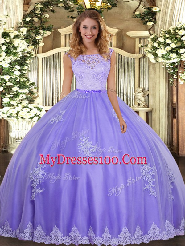 Scoop Sleeveless Clasp Handle 15 Quinceanera Dress Lavender Tulle