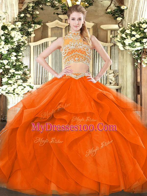 Luxurious Orange Red 15th Birthday Dress Military Ball and Sweet 16 and Quinceanera with Beading and Ruffles High-neck Sleeveless Backless