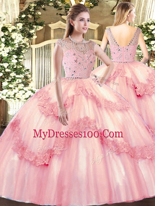 Simple Baby Pink Zipper Quince Ball Gowns Beading and Appliques Sleeveless Floor Length