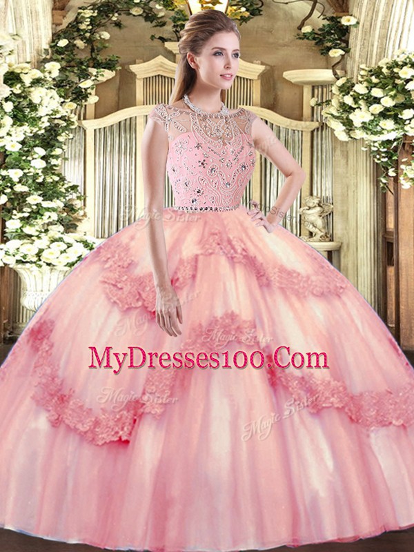 Simple Baby Pink Zipper Quince Ball Gowns Beading and Appliques Sleeveless Floor Length