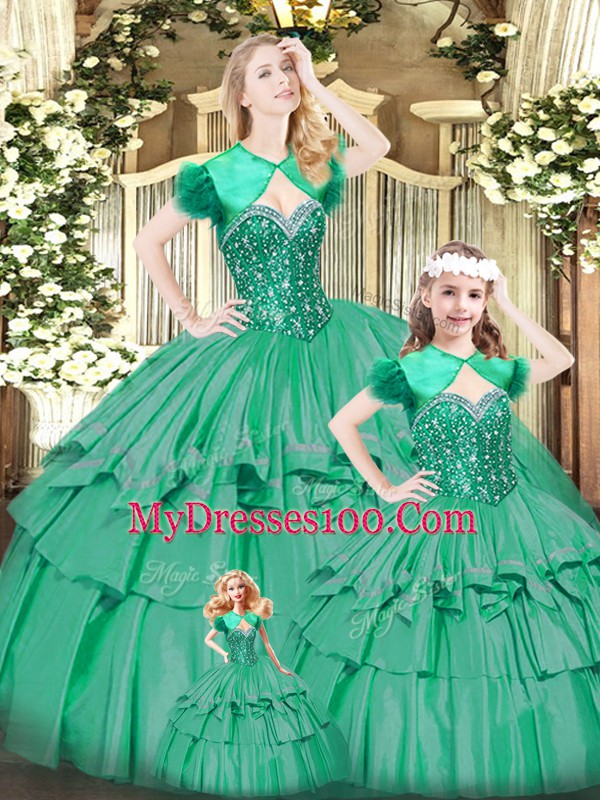 Luxury Turquoise Organza Lace Up Sweetheart Sleeveless Floor Length Sweet 16 Quinceanera Dress Beading and Ruffled Layers