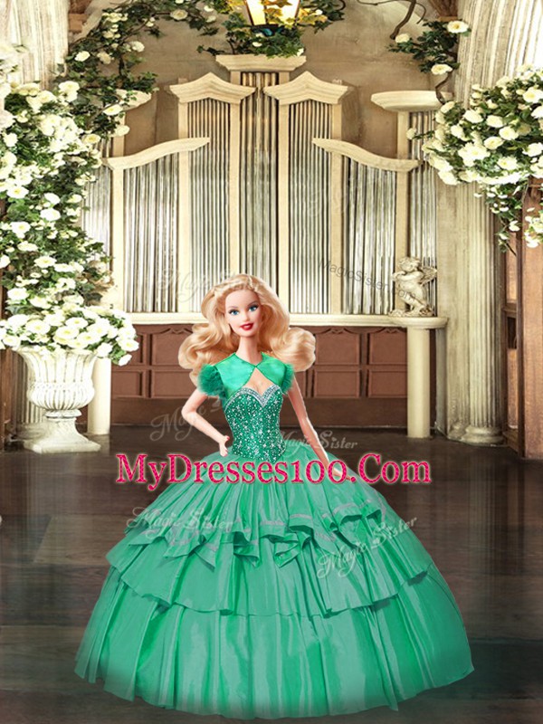 Luxury Turquoise Organza Lace Up Sweetheart Sleeveless Floor Length Sweet 16 Quinceanera Dress Beading and Ruffled Layers