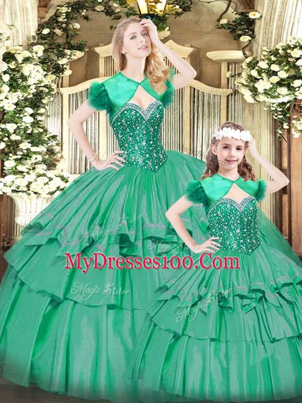 Luxury Turquoise Organza Lace Up Sweetheart Sleeveless Floor Length Sweet 16 Quinceanera Dress Beading and Ruffled Layers