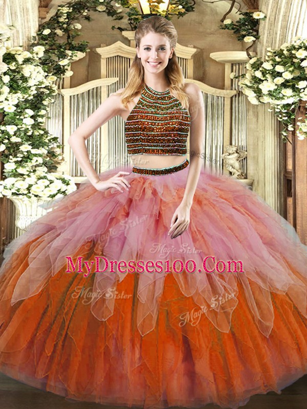 Dynamic Tulle Sleeveless Floor Length 15th Birthday Dress and Beading and Ruffles