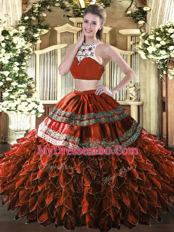 Rust Red 15 Quinceanera Dress Military Ball and Sweet 16 and Quinceanera with Beading and Ruffles High-neck Sleeveless Backless