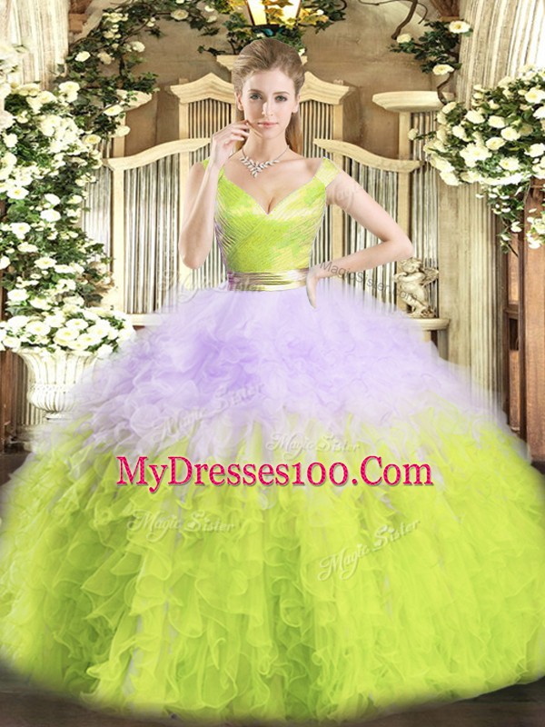 Designer Multi-color Organza Zipper Quinceanera Gown Sleeveless Floor Length Ruffles