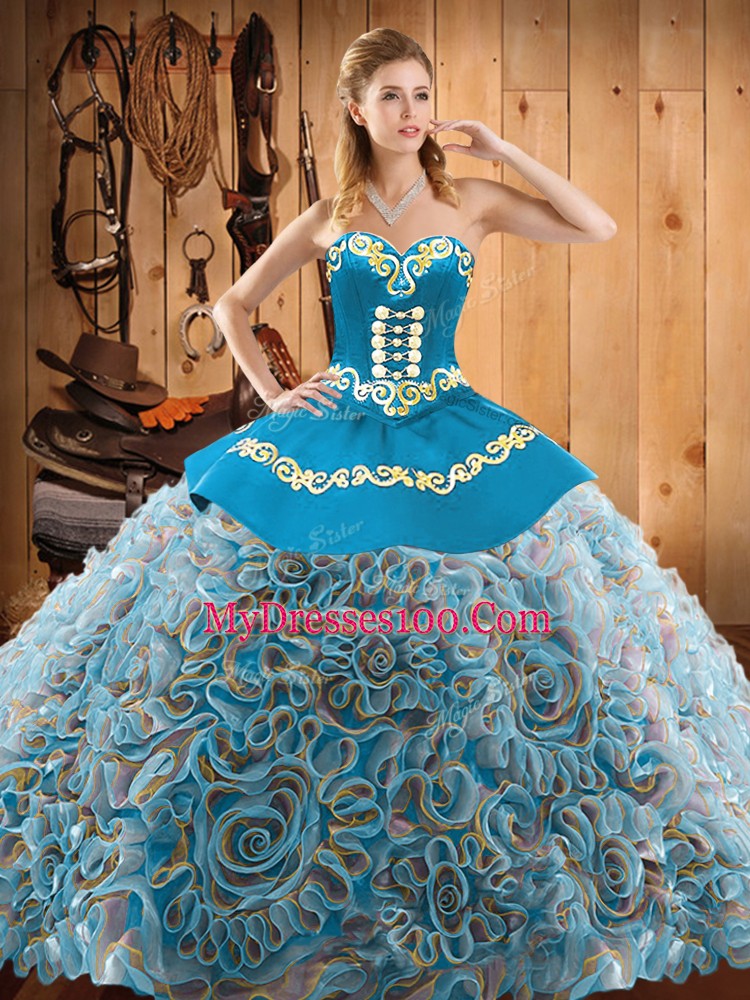 Multi-color Lace Up Sweetheart Embroidery Quince Ball Gowns Satin and Fabric With Rolling Flowers Sleeveless Sweep Train