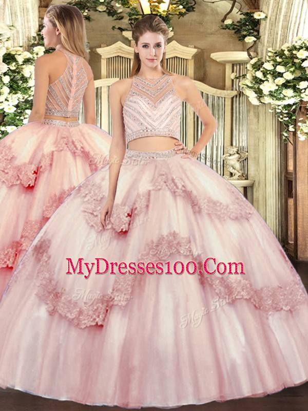 Tulle Scoop Sleeveless Zipper Beading and Appliques Ball Gown Prom Dress in Baby Pink