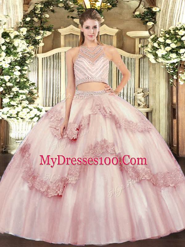 Tulle Scoop Sleeveless Zipper Beading and Appliques Ball Gown Prom Dress in Baby Pink