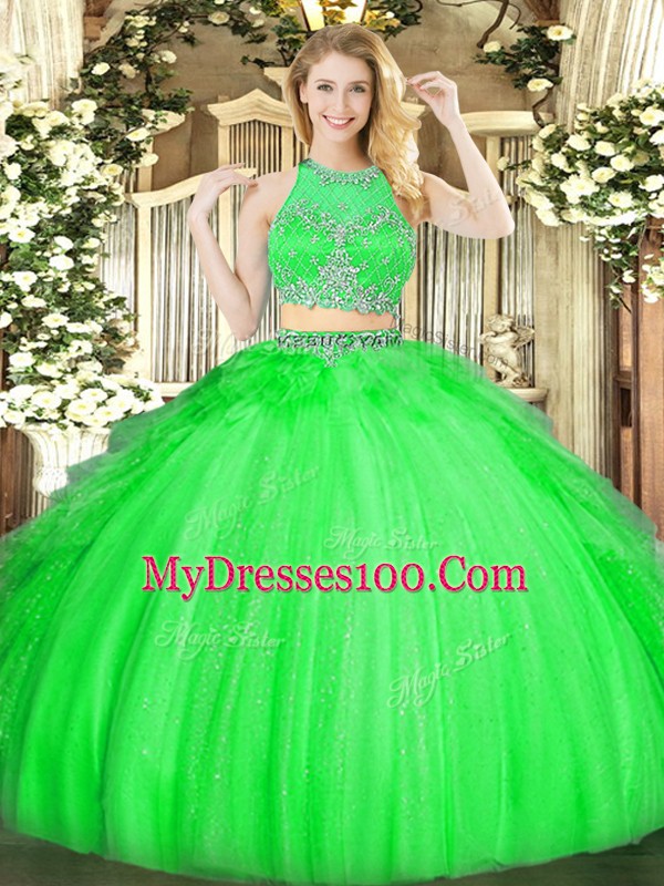High Class Scoop Sleeveless Sweet 16 Dresses Floor Length Beading and Ruffles Green Tulle