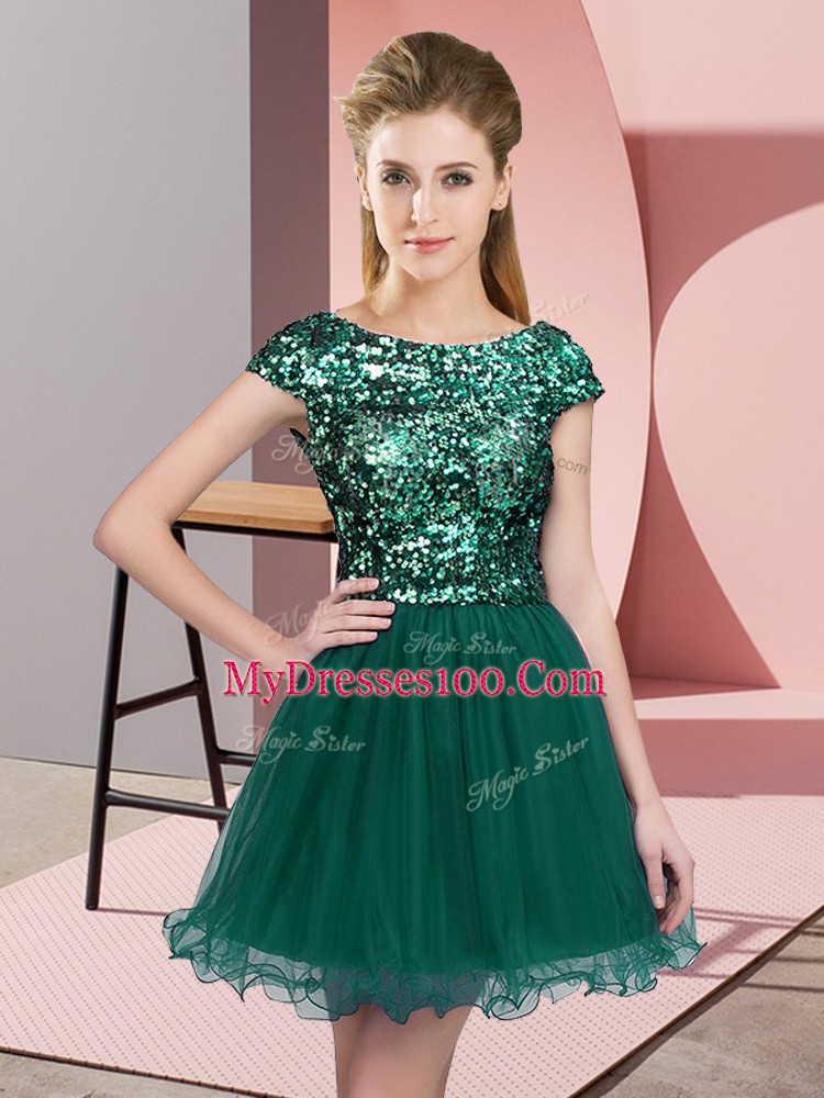 Turquoise Scoop Neckline Sequins Bridesmaid Dresses Cap Sleeves Zipper