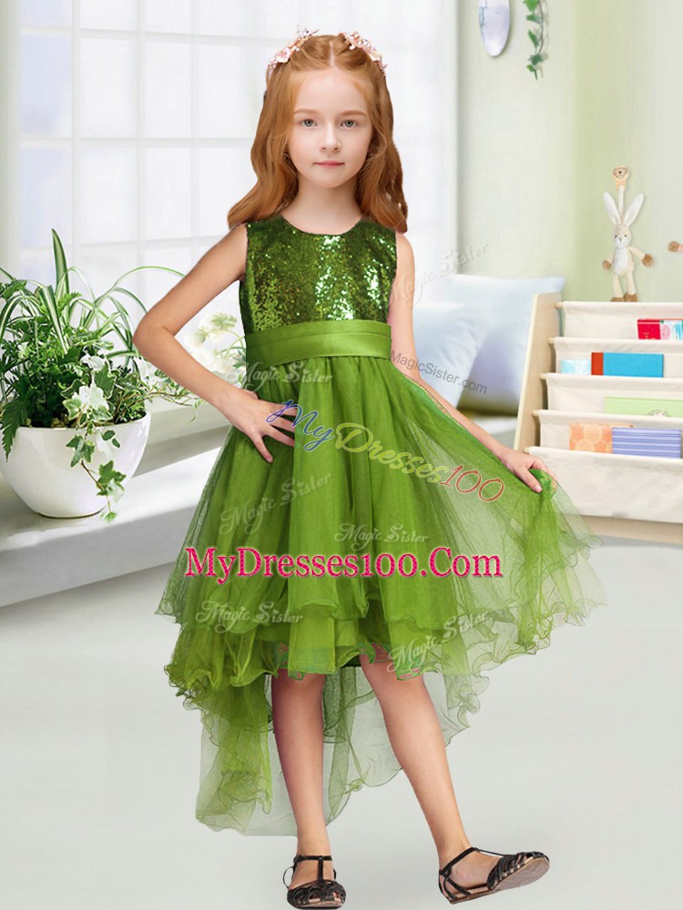 Scoop Sleeveless Flower Girl Dress High Low Sequins and Bowknot Olive Green Organza