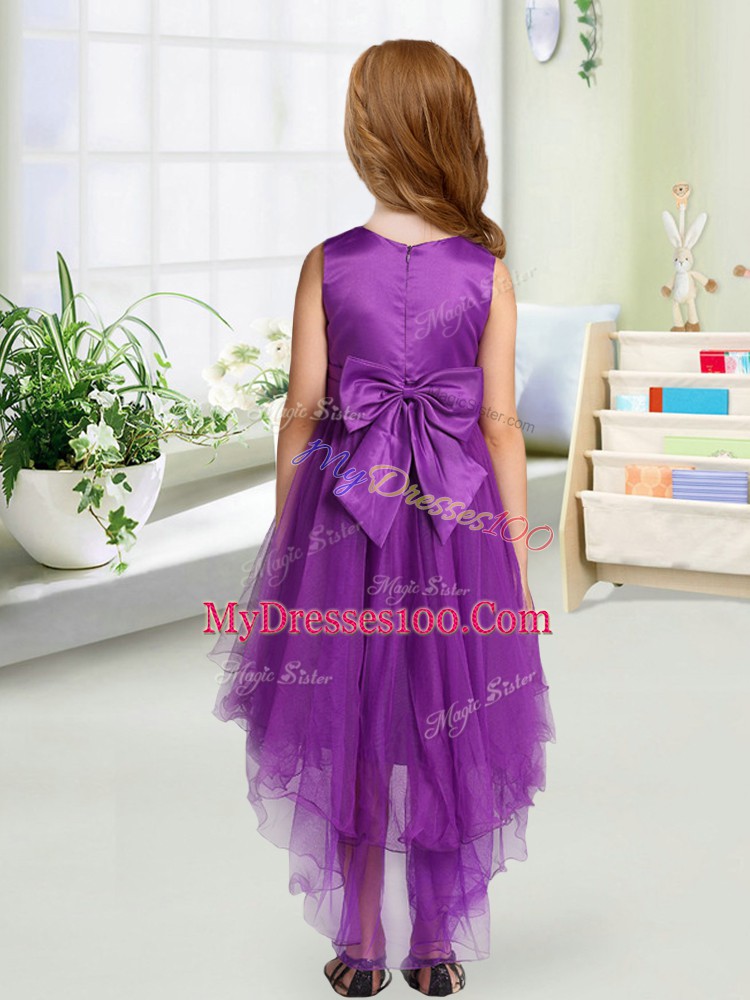 Scoop Sleeveless Flower Girl Dress High Low Sequins and Bowknot Olive Green Organza