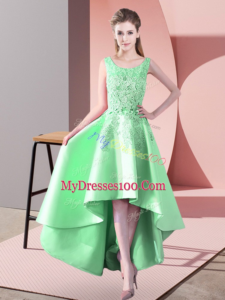 A-line Satin Scoop Sleeveless Lace High Low Zipper Wedding Party Dress