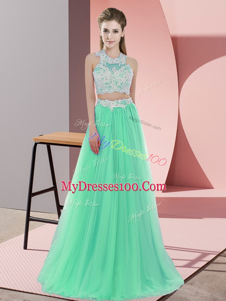 Sleeveless Tulle Floor Length Zipper Damas Dress in Apple Green with Lace