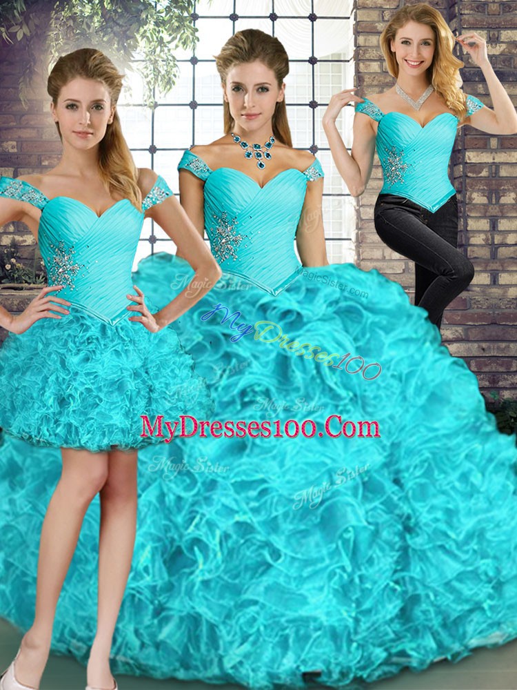 Sleeveless Floor Length Beading and Ruffles Lace Up Vestidos de Quinceanera with Aqua Blue