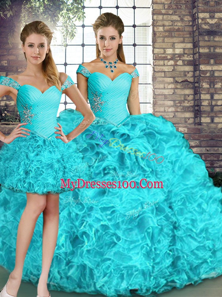 Sleeveless Floor Length Beading and Ruffles Lace Up Vestidos de Quinceanera with Aqua Blue
